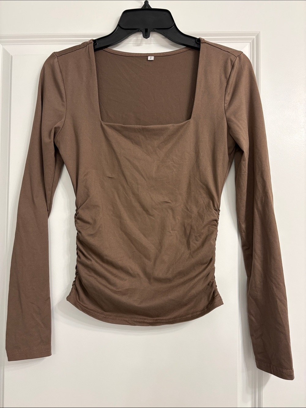 SHEIN Brown Square Neck Long Sleeve Ruched Tee